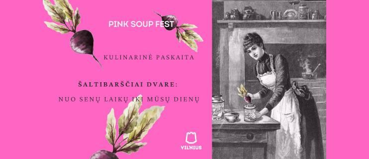 Pavadinimas, nupaišyti burokėliai rožiniame fone, iš dešinės piešinys - moteris gamina senovinėje virtuvėje